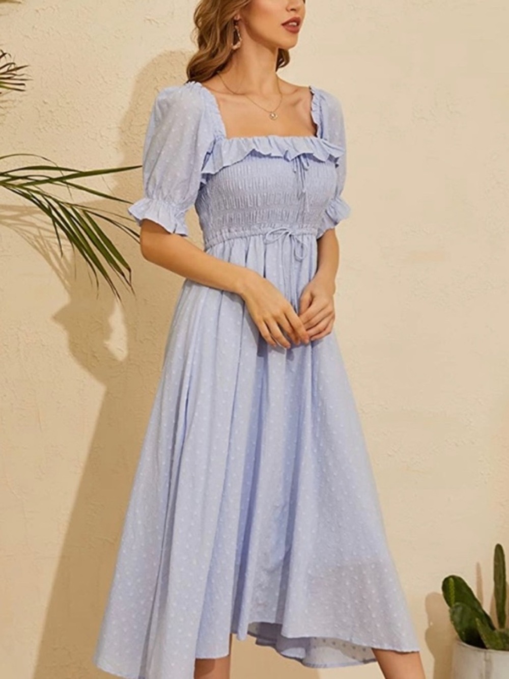 NWT Med Blue Puff-Sleeve Smocked Maxi Dress Swiss Dot Cotton Flattering Fit